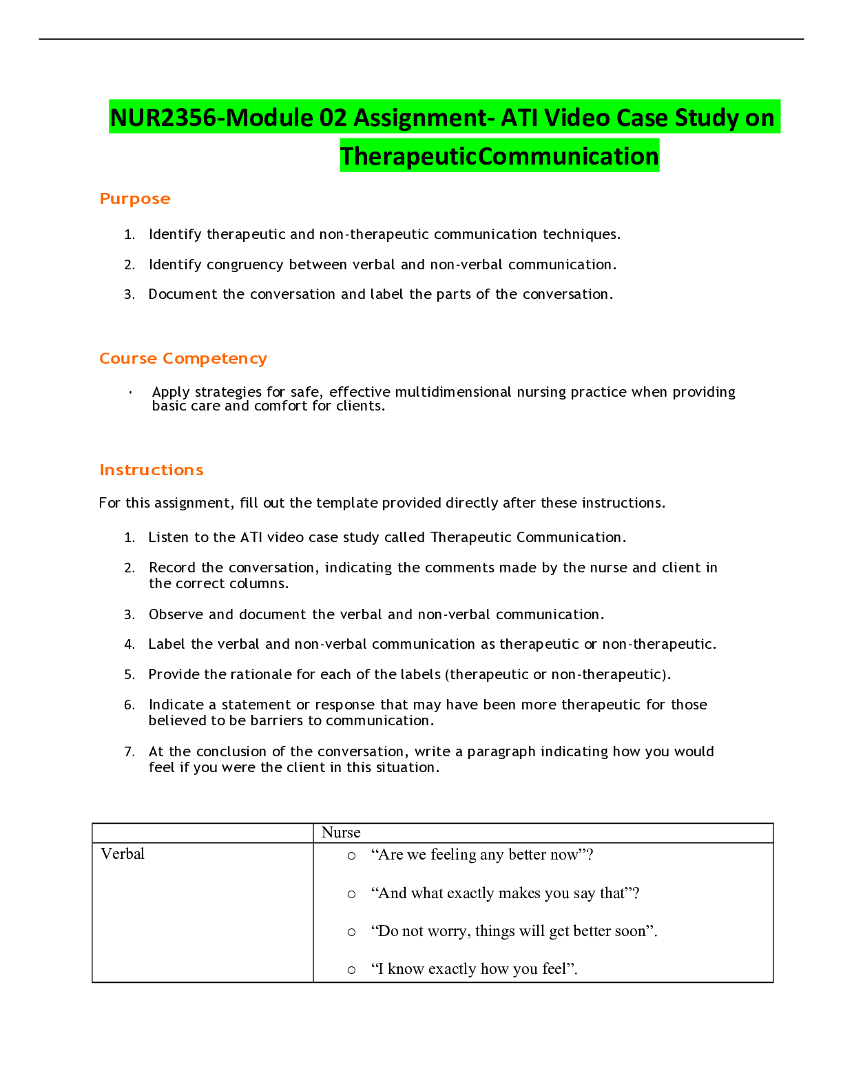 NUR2356Module 02 Assignment ATI Video Case Study on Therapeutic